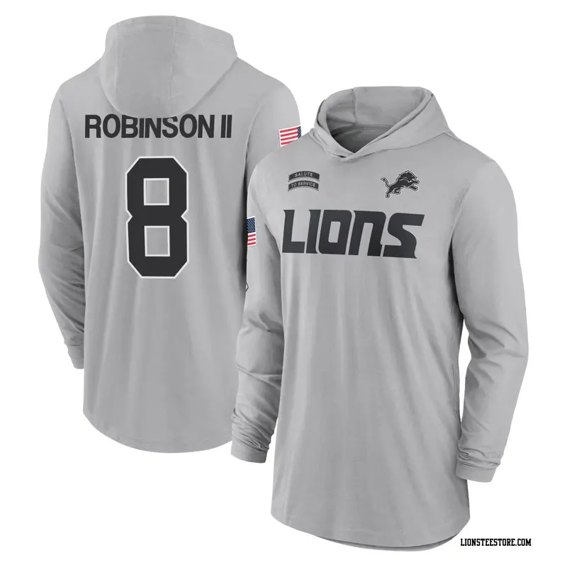 Men's Detroit Lions ＃8 Allen Robinson Gray 2024 Salute to Service Lightweight Performance Long Sleeve Hooded T-Shirt