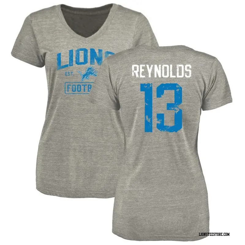 Women's Detroit Lions ＃13 Craig Reynolds Gray Heather Distressed Name & Number V-Neck T-Shirt